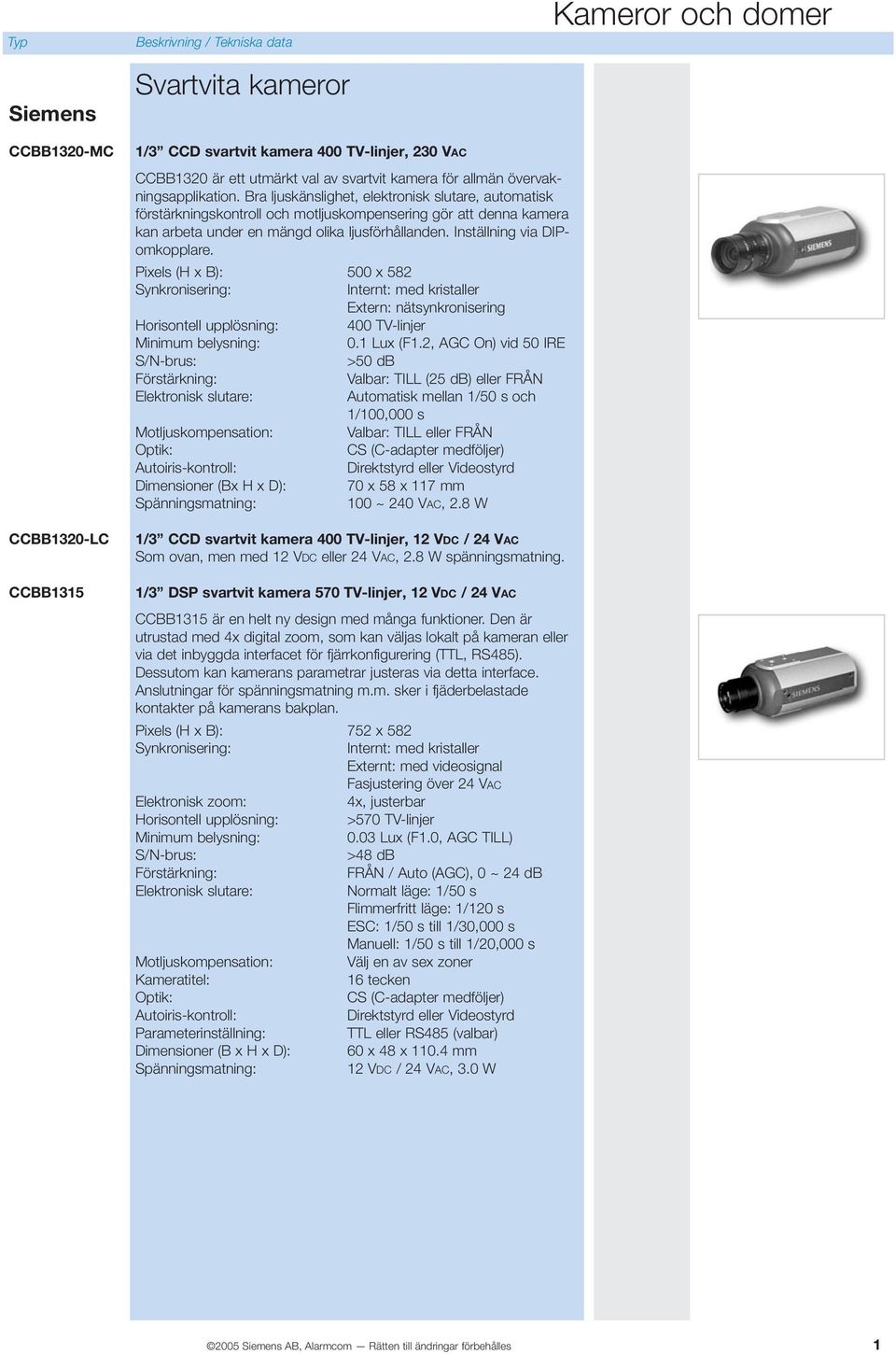 Inställning via DIPomkopplare. Pixels (H x B): 500 x 582 Synkronisering: Internt: med kristaller Extern: nätsynkronisering Horisontell upplösning: 400 TV-linjer Minimum belysning: 0.1 Lux (F1.