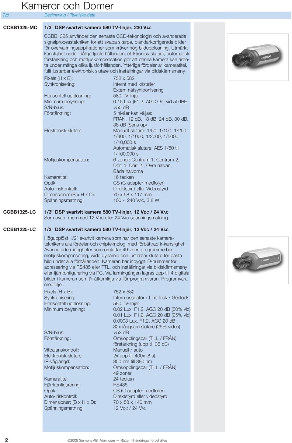 Utmärkt känslighet under dåliga ljusförhållanden, elektronisk slutare, automatisk förstärkning och motljuskompensation gör att denna kamera kan arbeta under många olika ljusförhållanden.