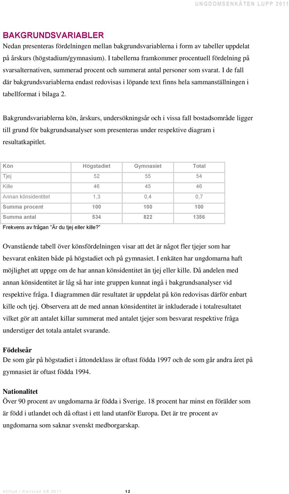 I de fall där bakgrundsvariablerna endast redovisas i löpande text finns hela sammanställningen i tabellformat i bilaga 2.