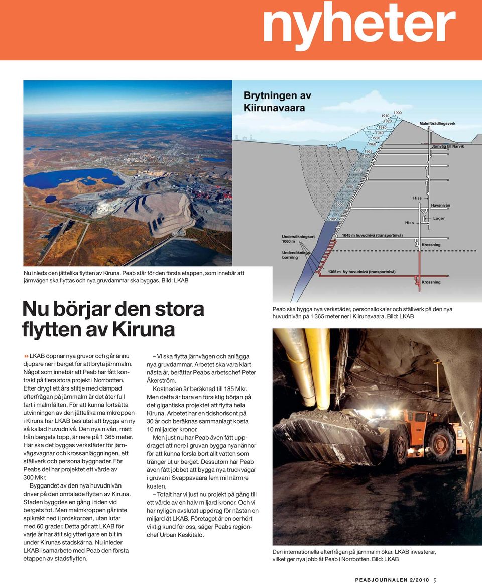 Bild: LKAB LKAB öppnar nya gruvor och går ännu djupare ner i berget för att bryta järnmalm. Något som innebär att Peab har fått kontrakt på flera stora projekt i Norrbotten.