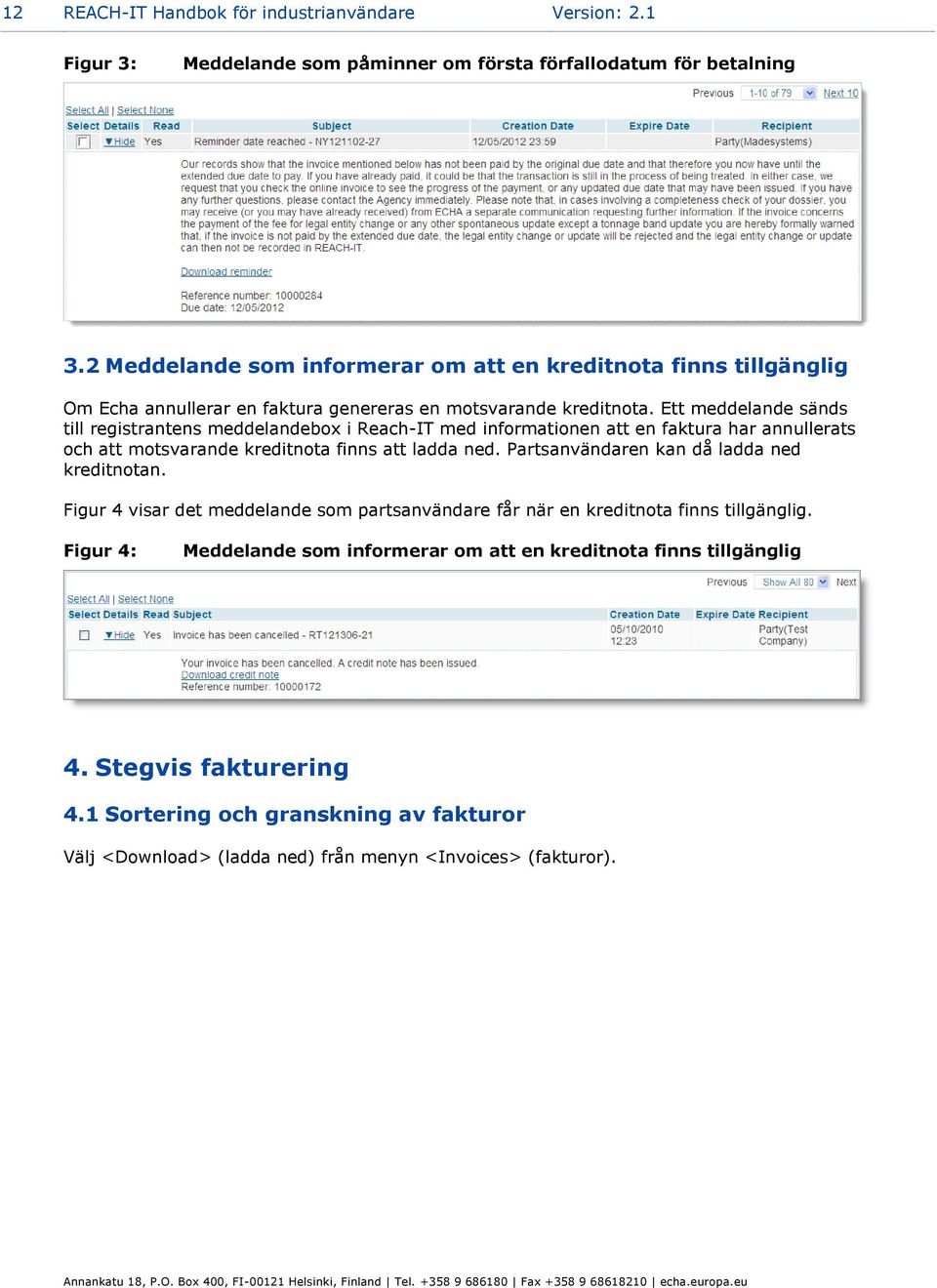 Ett meddelande sänds till registrantens meddelandebox i Reach-IT med informationen att en faktura har annullerats och att motsvarande kreditnota finns att ladda ned.