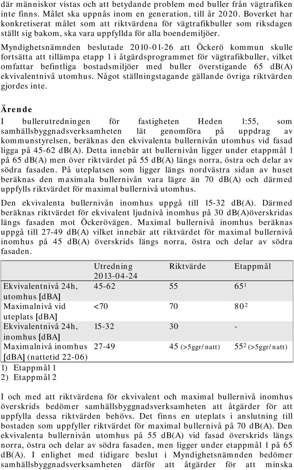 Myndighetsnämnden beslutade 2010-01-26 att Öckerö kommun skulle fortsätta att tillämpa etapp 1 i åtgärdsprogrammet för vägtrafikbuller, vilket omfattar befintliga bostadsmiljöer med buller