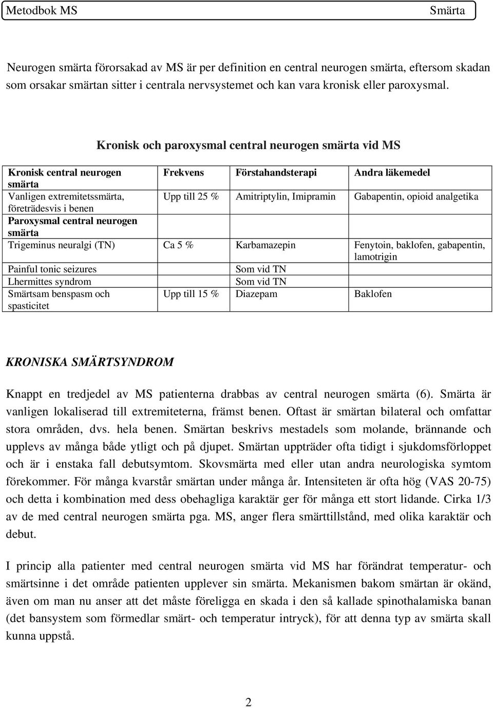 Gabapentin, opioid analgetika företrädesvis i benen Paroxysmal central neurogen smärta Trigeminus neuralgi (TN) Ca 5 % Karbamazepin Fenytoin, baklofen, gabapentin, lamotrigin Painful tonic seizures