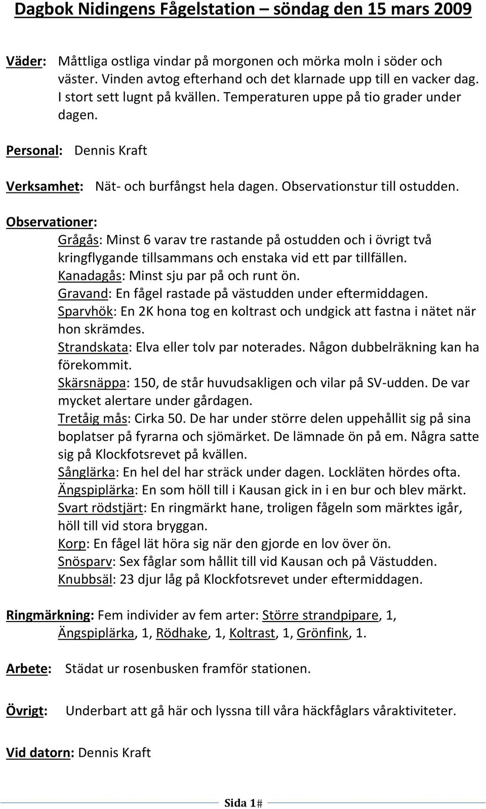 Observationer: Grågås: Minst 6 varav tre rastande på ostudden och i övrigt två kringflygande tillsammans och enstaka vid ett par tillfällen. Kanadagås: Minst sju par på och runt ön.