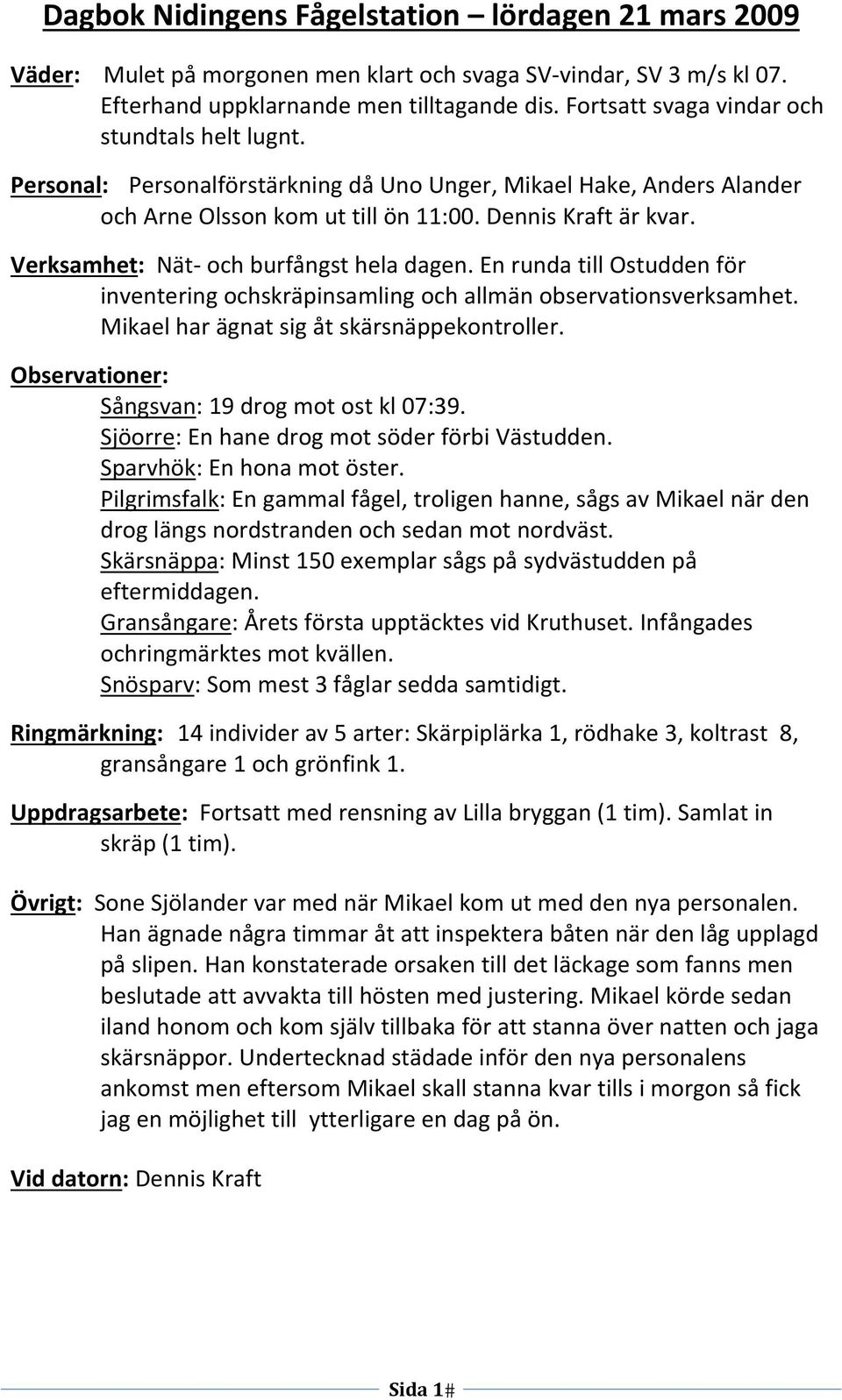 Verksamhet: Nät och burfångst hela dagen. En runda till Ostudden för inventering ochskräpinsamling och allmän observationsverksamhet. Mikael har ägnat sig åt skärsnäppekontroller.