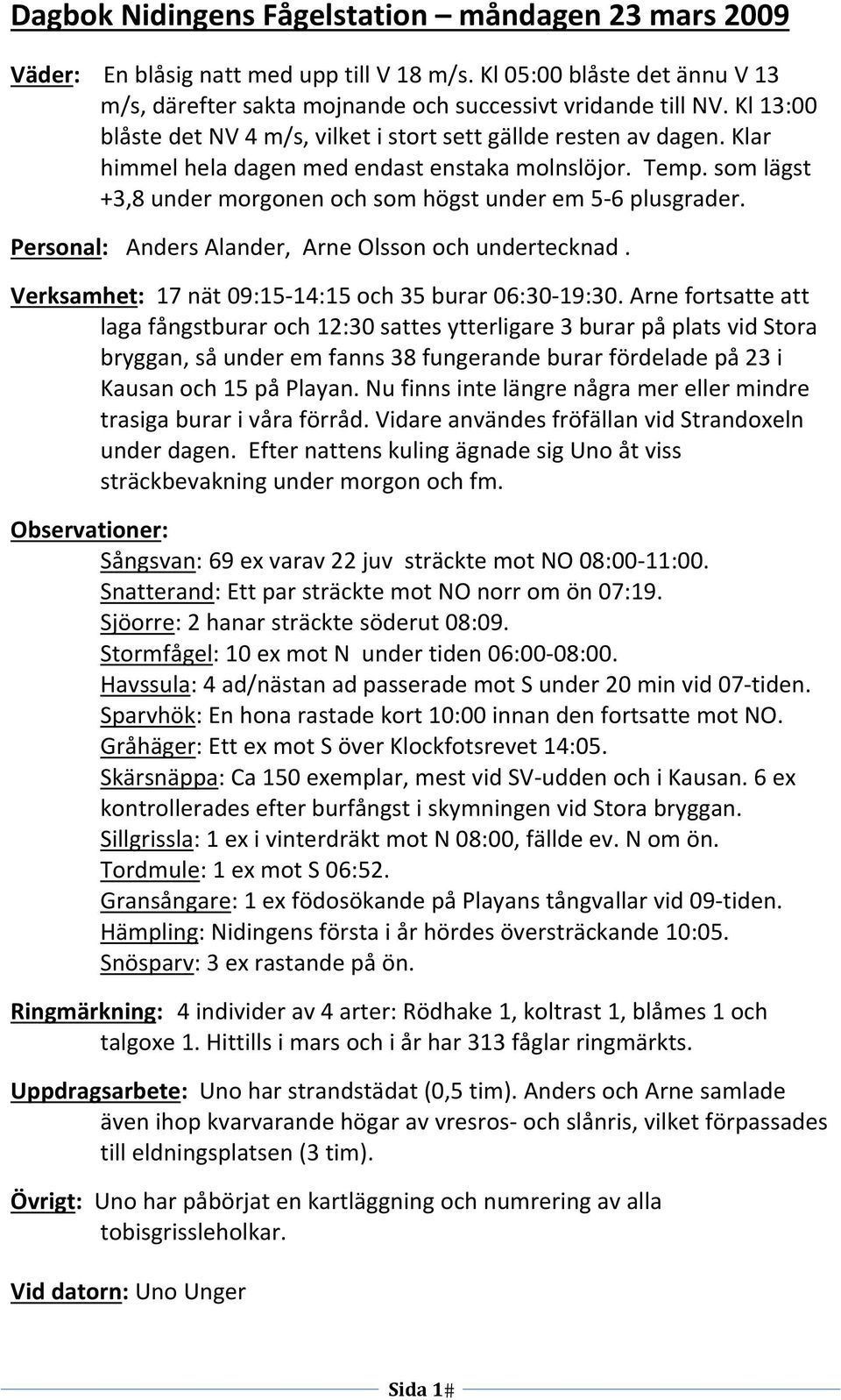 som lägst +3,8 under morgonen och som högst under em 5 6 plusgrader. Personal: Anders Alander, Arne Olsson och undertecknad. Verksamhet: 17 nät 09:15 14:15 och 35 burar 06:30 19:30.