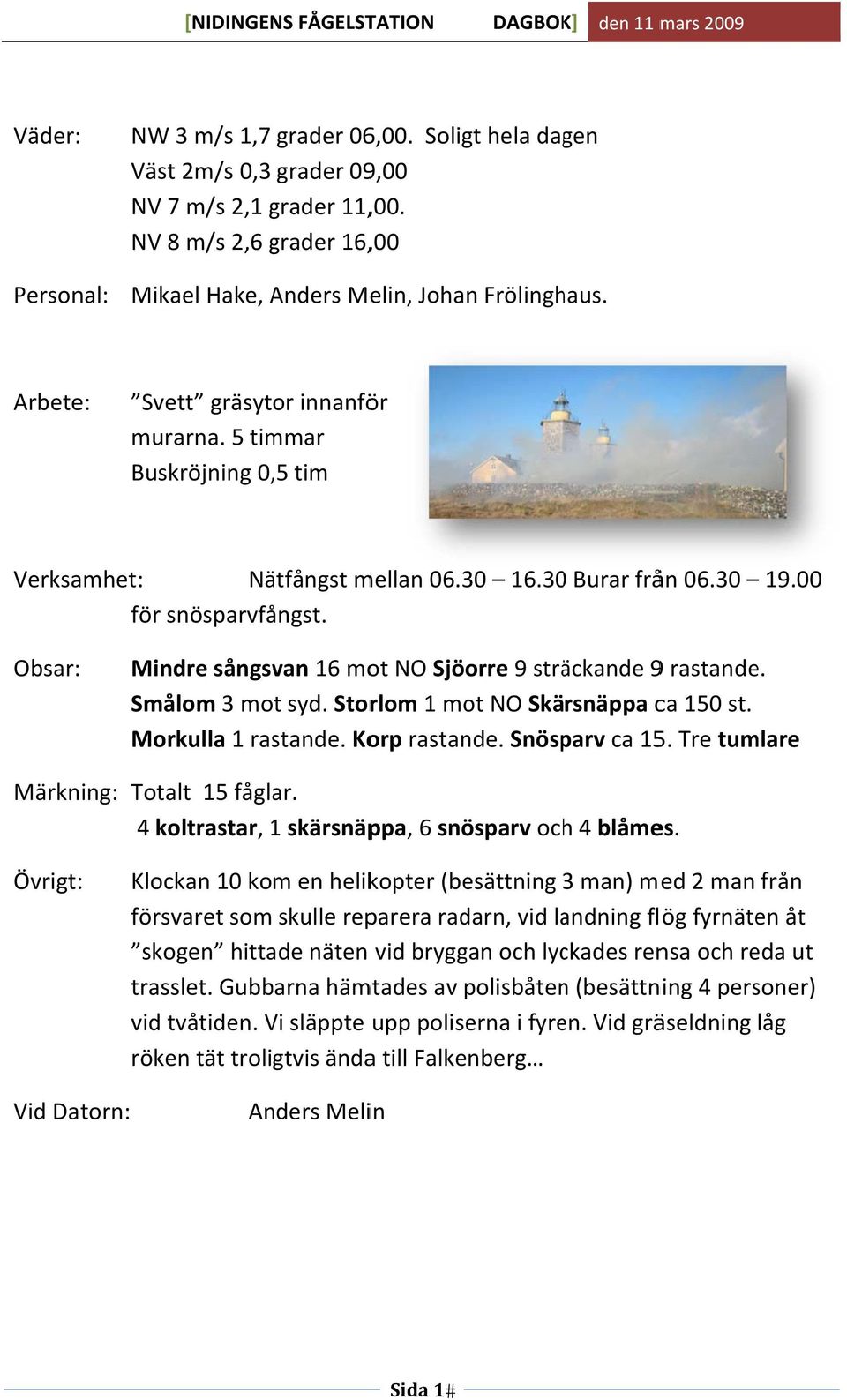 300 Burar från 06.30 19.00 för snösparvfångst. Obsar: Mindre sångsvan 16 mot NO Sjöorre 9 sträckande 9 rastande. Smålom 3 mot syd. Storlom 1 mot NO Skärsnäppa ca 150 st. Morkulla 1 rastande.