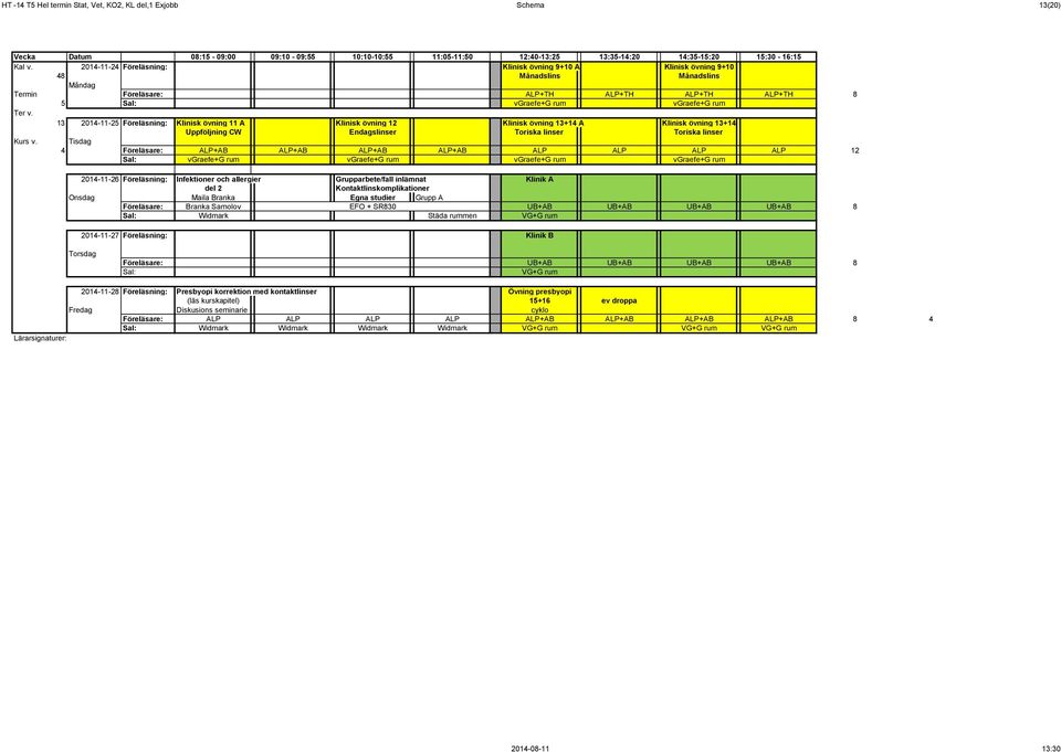 Klinisk övning 12 Klinisk övning 13+14 A Klinisk övning 13+14 Uppföljning CW Endagslinser Toriska linser Toriska linser 4 ALP+AB ALP+AB ALP+AB ALP+AB ALP ALP ALP ALP 12 vgraefe+g rum vgraefe+g rum