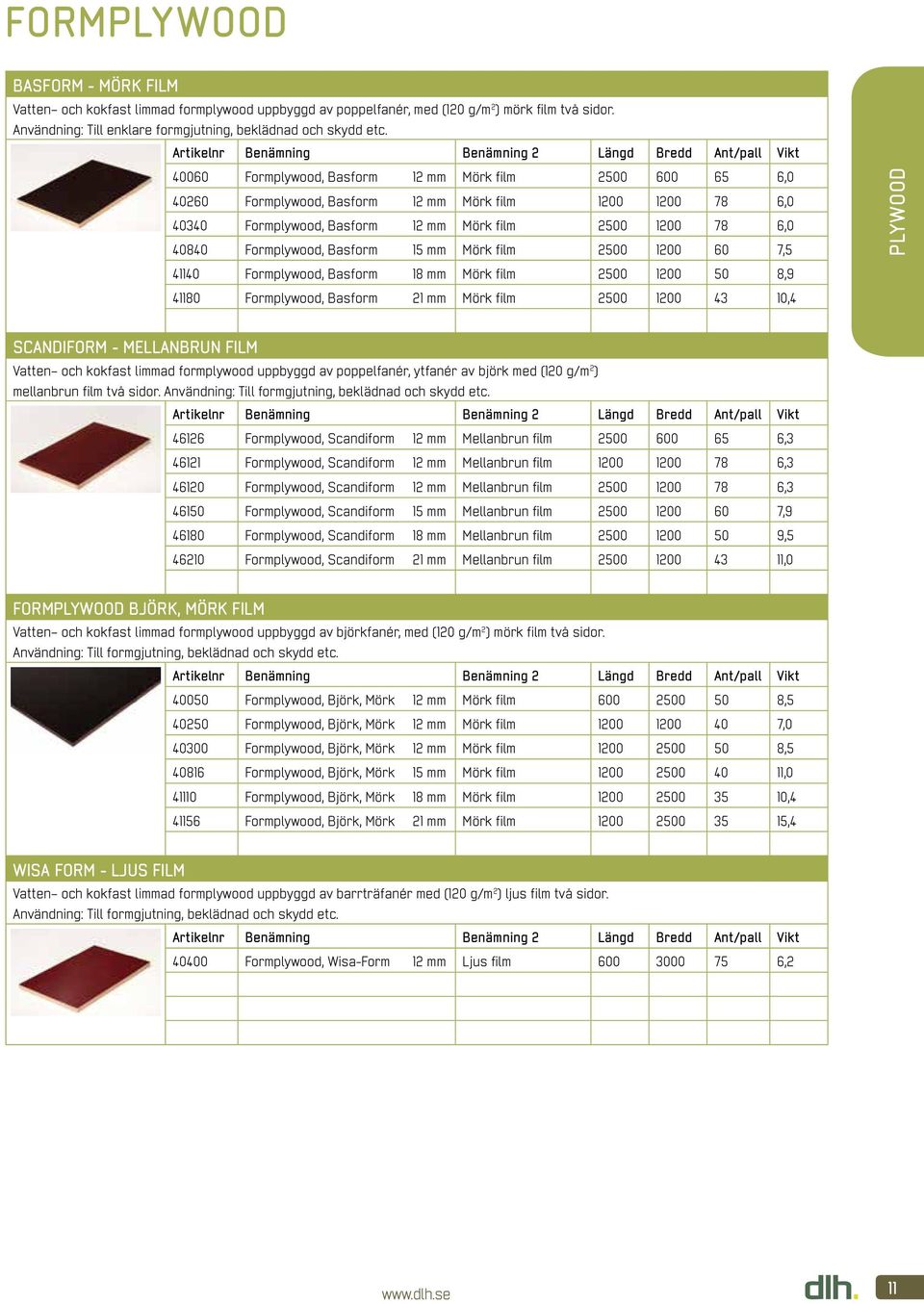 Basform 15 mm Mörk film 2500 1200 60 7,5 41140 Formplywood, Basform 18 mm Mörk film 2500 1200 50 8,9 41180 Formplywood, Basform 21 mm Mörk film 2500 1200 43 10,4 PLYWOOD SCANDIFORM - MELLANBRUN FILM