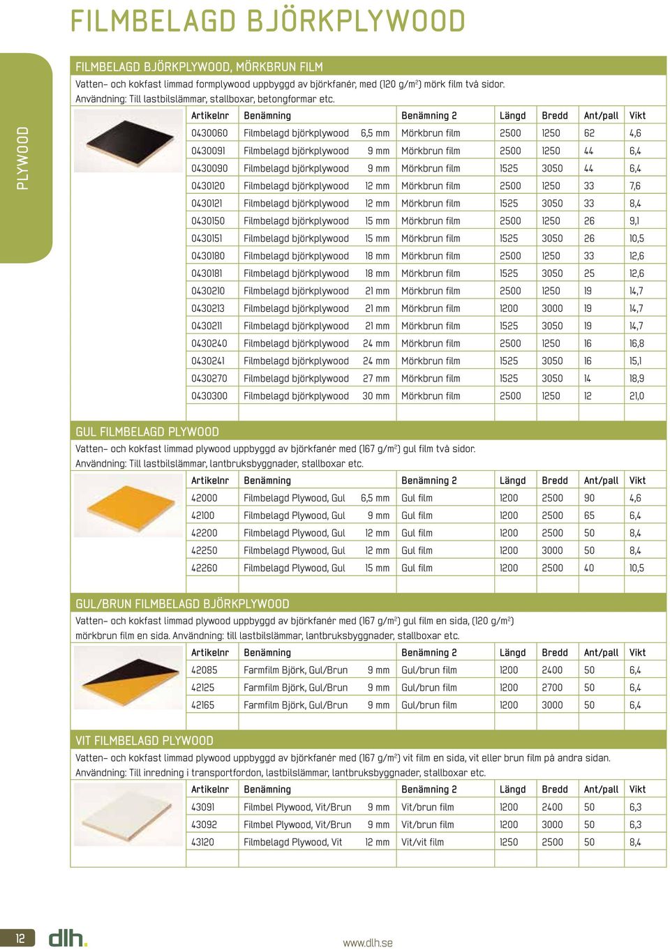 0430060 Filmbelagd björkplywood 6,5 mm Mörkbrun film 2500 1250 62 4,6 0430091 Filmbelagd björkplywood 9 mm Mörkbrun film 2500 1250 44 6,4 0430090 Filmbelagd björkplywood 9 mm Mörkbrun film 1525 3050