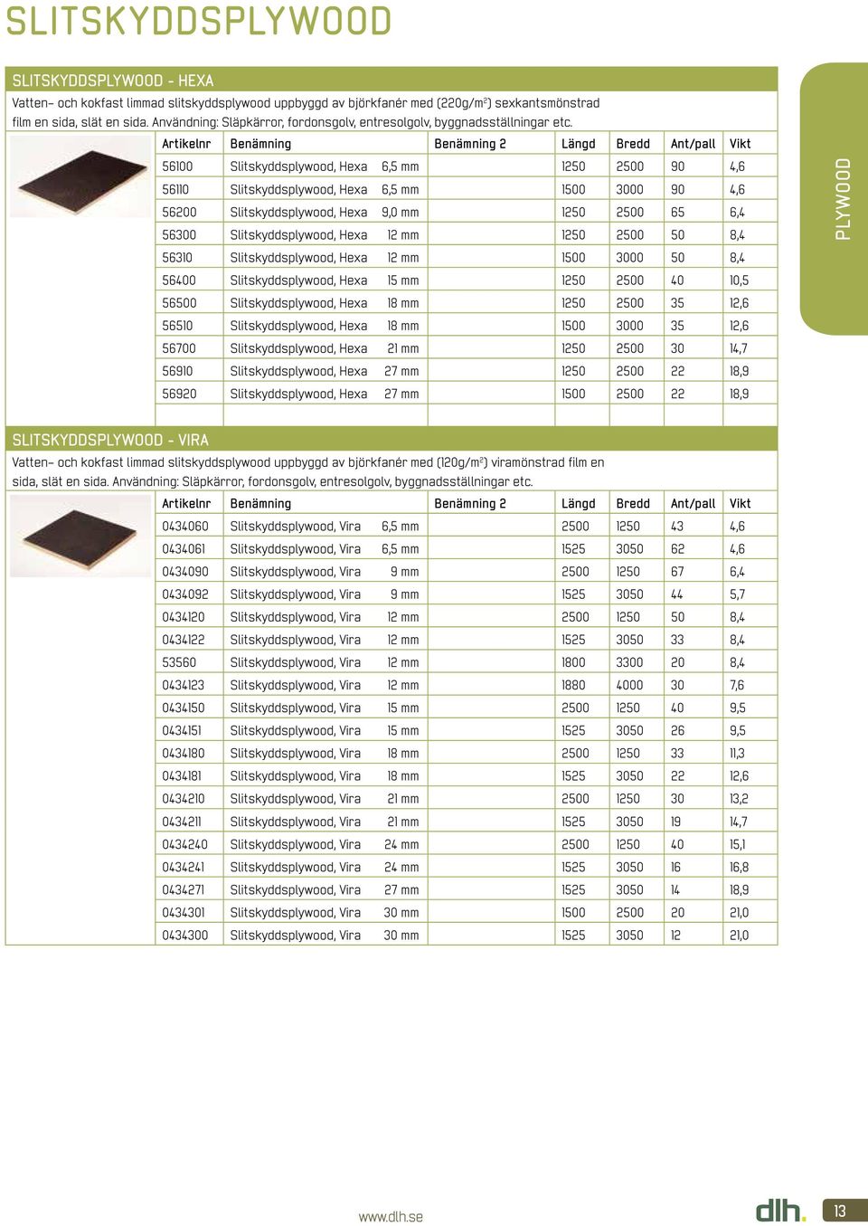 56100 Slitskyddsplywood, Hexa 6,5 mm 1250 2500 90 4,6 56110 Slitskyddsplywood, Hexa 6,5 mm 1500 3000 90 4,6 56200 Slitskyddsplywood, Hexa 9,0 mm 1250 2500 65 6,4 56300 Slitskyddsplywood, Hexa 12 mm