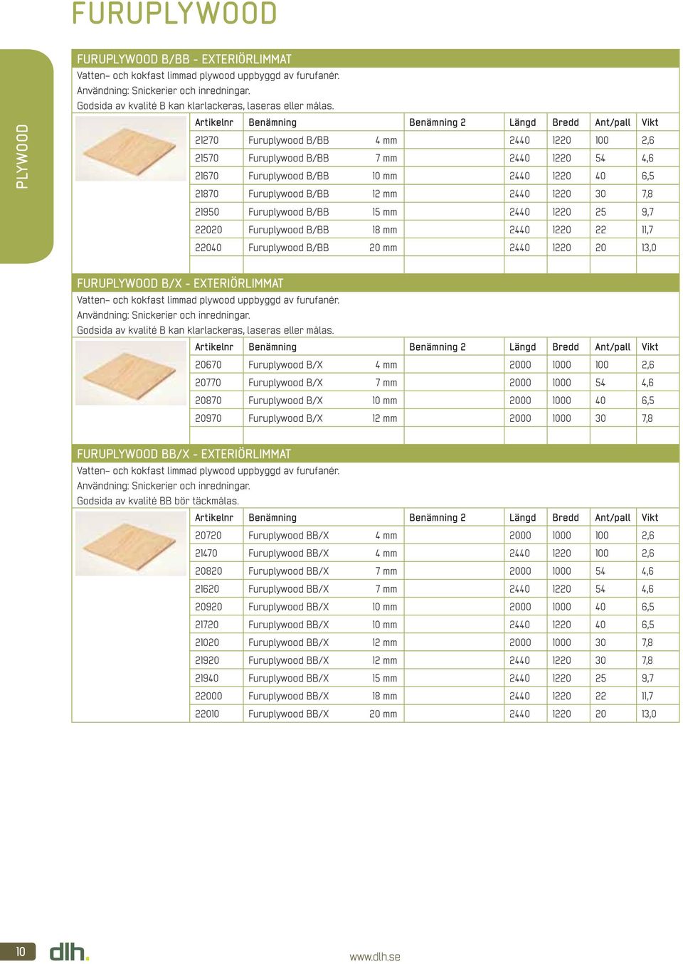 21270 Furuplywood B/BB 4 mm 2440 1220 100 2,6 21570 Furuplywood B/BB 7 mm 2440 1220 54 4,6 21670 Furuplywood B/BB 10 mm 2440 1220 40 6,5 21870 Furuplywood B/BB 12 mm 2440 1220 30 7,8 21950