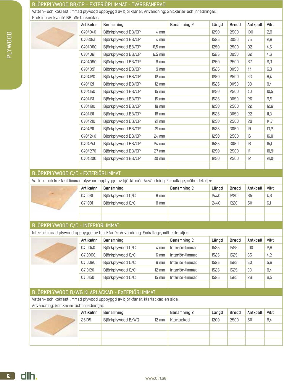 4,6 0404090 Björkplywood BB/CP 9 mm 1250 2500 67 6,3 0404091 Björkplywood BB/CP 9 mm 1525 3050 44 6,3 0404120 Björkplywood BB/CP 12 mm 1250 2500 33 8,4 0404121 Björkplywood BB/CP 12 mm 1525 3050 33