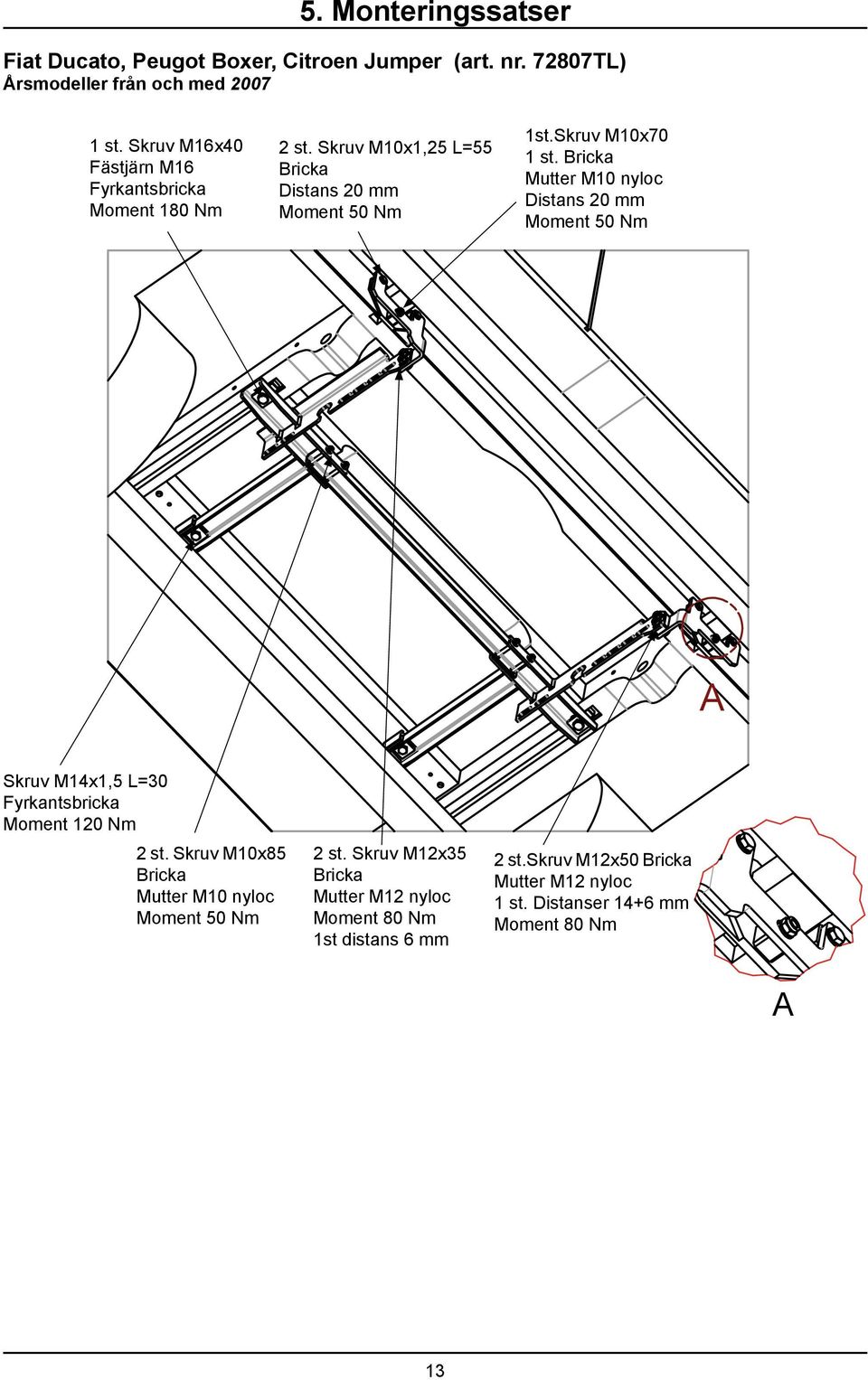 Bricka Mutter M10 nyloc Distans 20 mm Moment 50 Nm A Skruv M14x1,5 L=30 Fyrkantsbricka Moment 120 Nm 2 st.