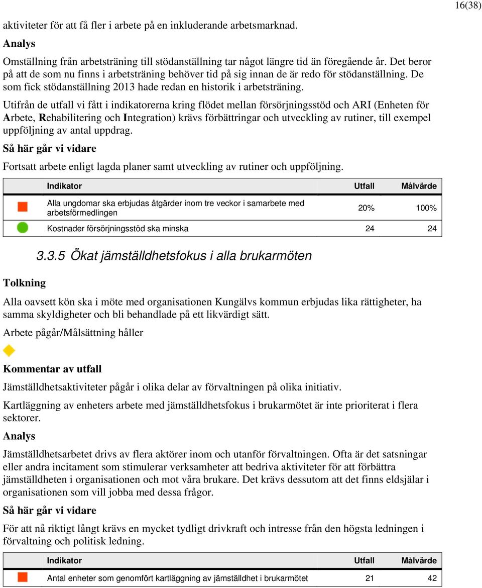 Utifrån de utfall vi fått i indikatorerna kring flödet mellan försörjningsstöd och ARI (Enheten för Arbete, Rehabilitering och Integration) krävs förbättringar och utveckling av rutiner, till exempel