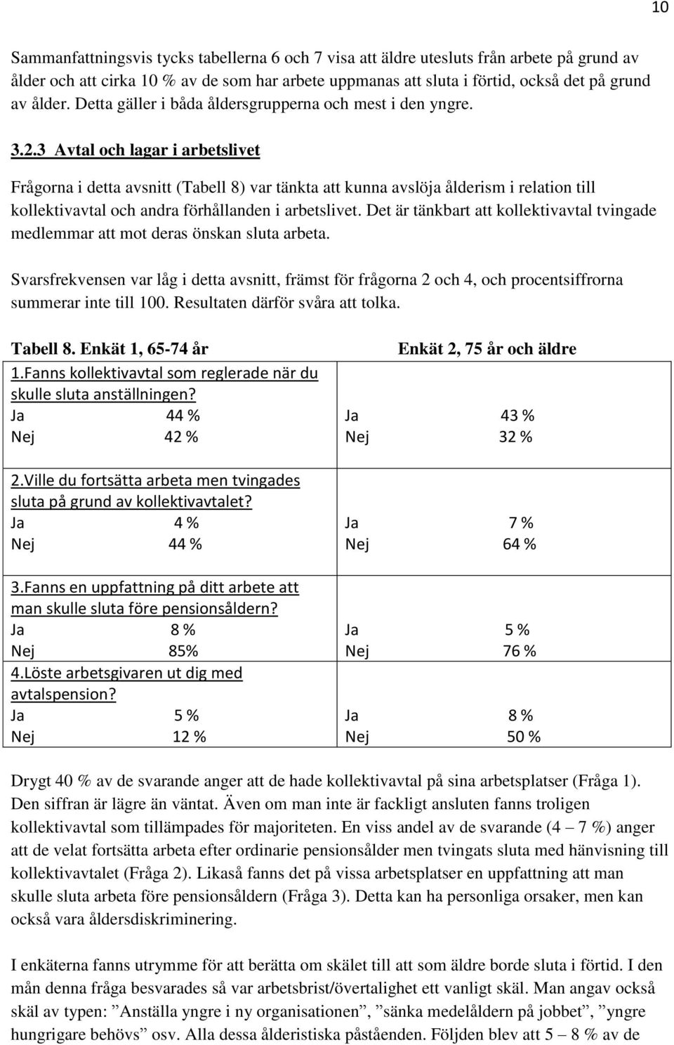 3 Avtal och lagar i arbetslivet Frågorna i detta avsnitt (Tabell 8) var tänkta att kunna avslöja ålderism i relation till kollektivavtal och andra förhållanden i arbetslivet.