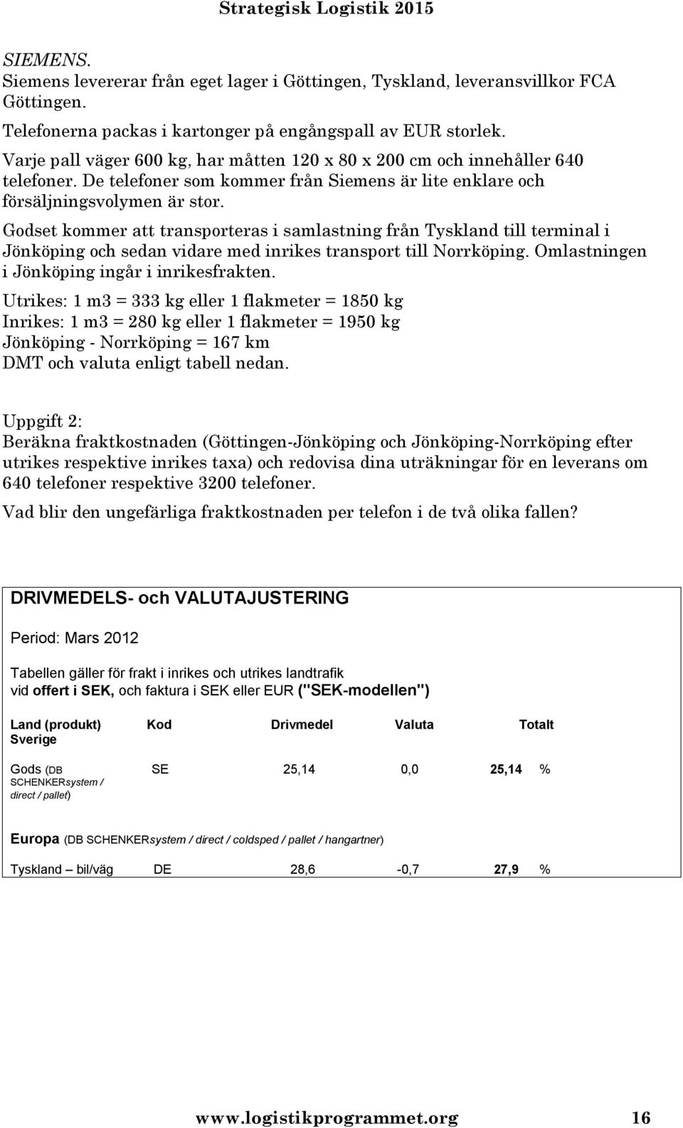 Godset kommer att transporteras i samlastning från Tyskland till terminal i Jönköping och sedan vidare med inrikes transport till Norrköping. Omlastningen i Jönköping ingår i inrikesfrakten.