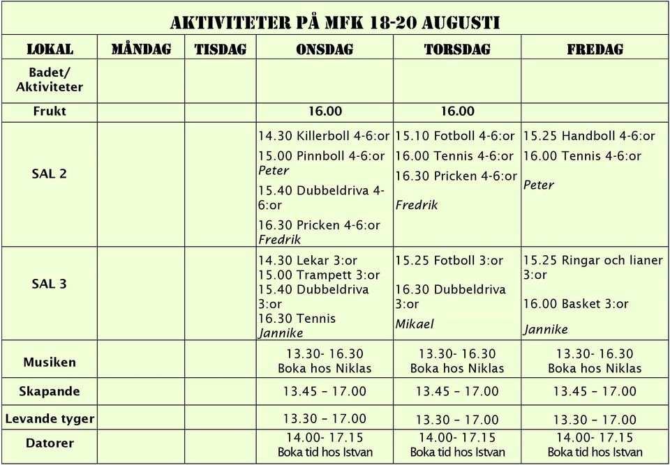 40 Dubbeldriva 3:or 16.30 Tennis Jannike 15.25 Fotboll 3:or 16.30 Dubbeldriva 3:or Mikael 15.25 Ringar och lianer 3:or 16.00 Basket 3:or Jannike Musiken 13.30-16.30 Boka hos Niklas 13.30-16.30 Boka hos Niklas 13.30-16.30 Boka hos Niklas Skapande 13.