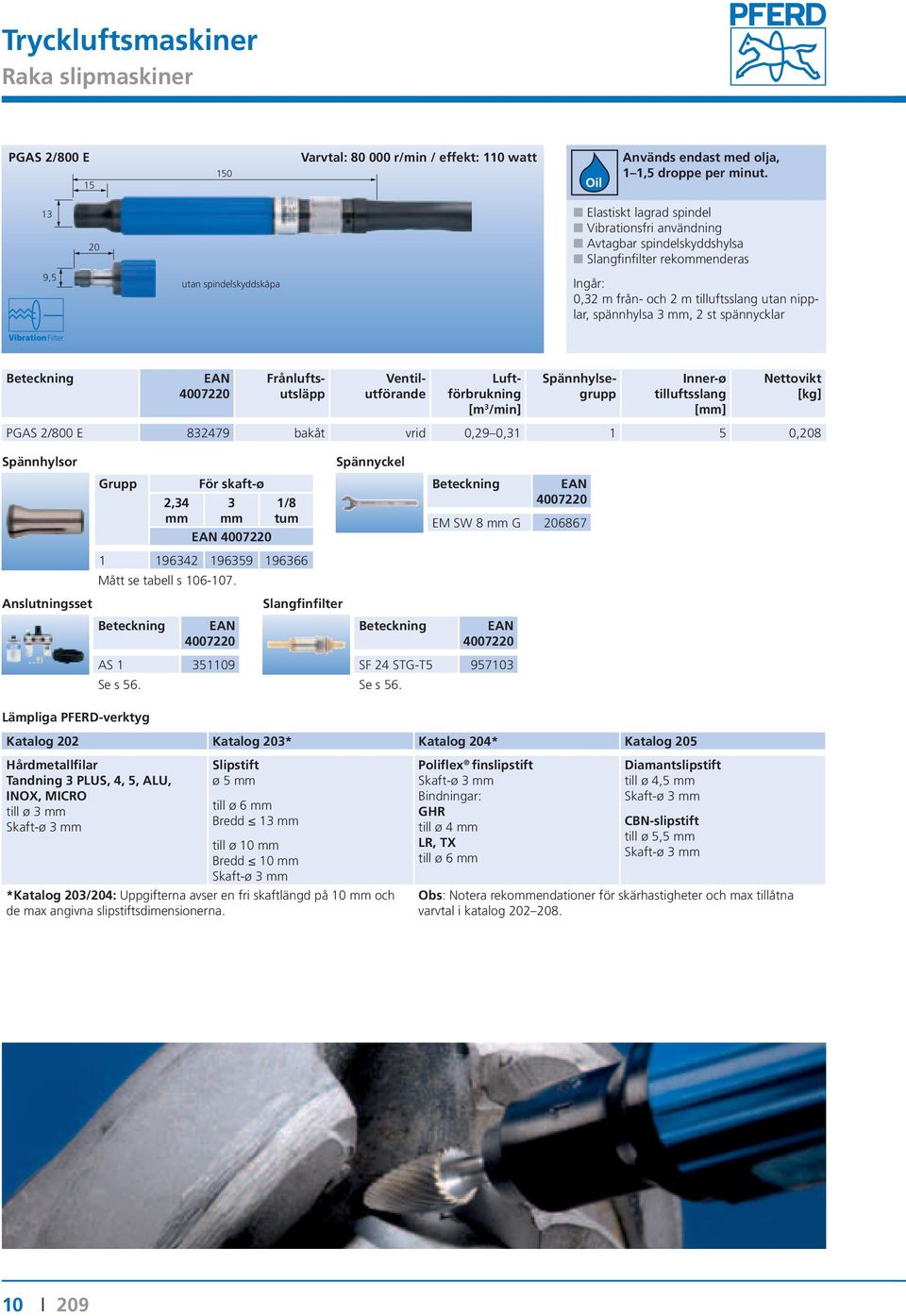 3, 2 st spännycklar Frånluftsutsläpp Ventilutförande Luftförbrukning [m 3 /min] Inner-ø tilluftsslang PGAS 2/800 E 832479 bakåt vrid 0,29 0,31 1 5 0,208 Spännhylsor Grupp Anslutningsset Lämpliga