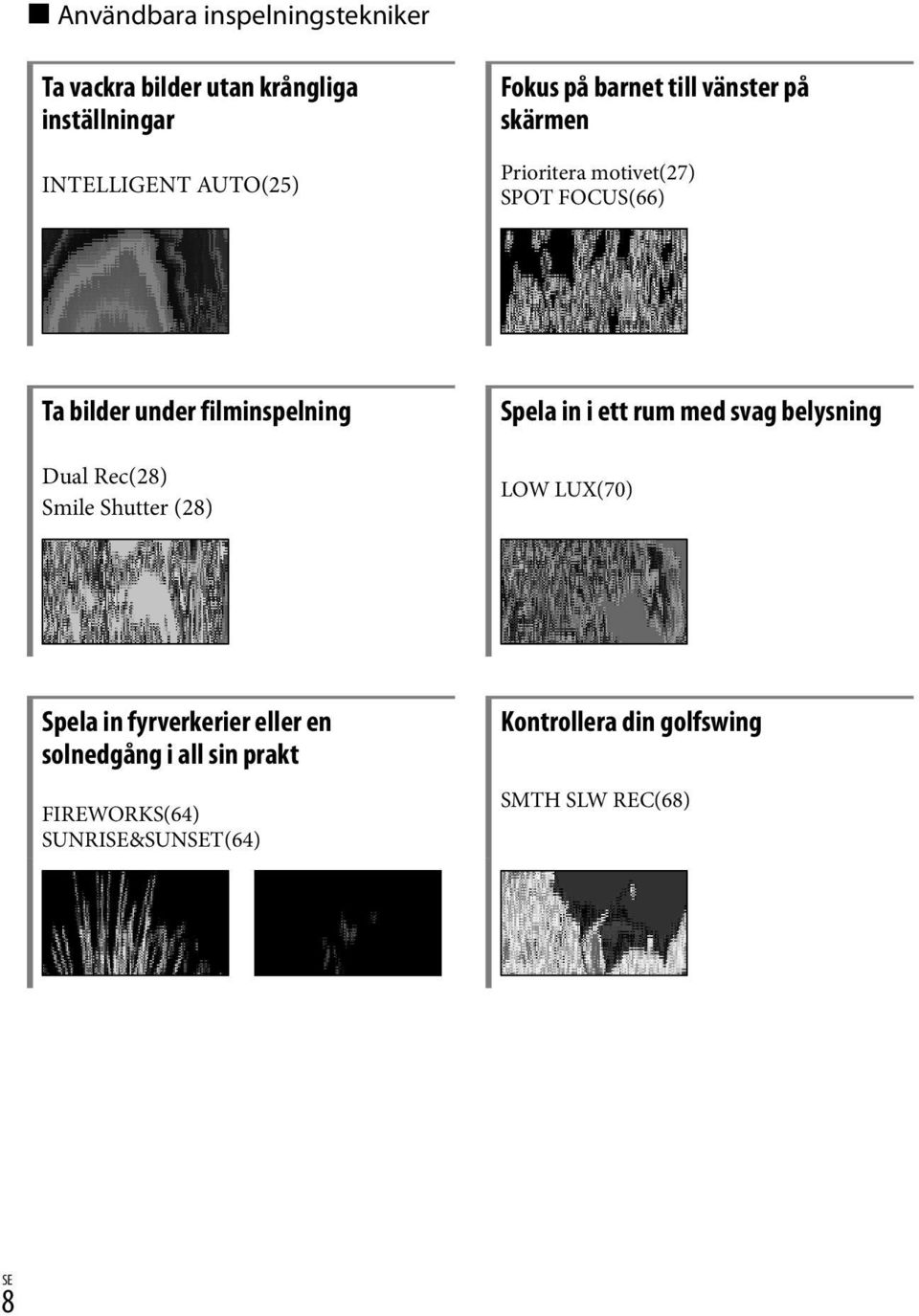 Rec(28) Smile Shutter (28) Spela in i ett rum med svag belysning LOW LUX(70) Spela in fyrverkerier eller