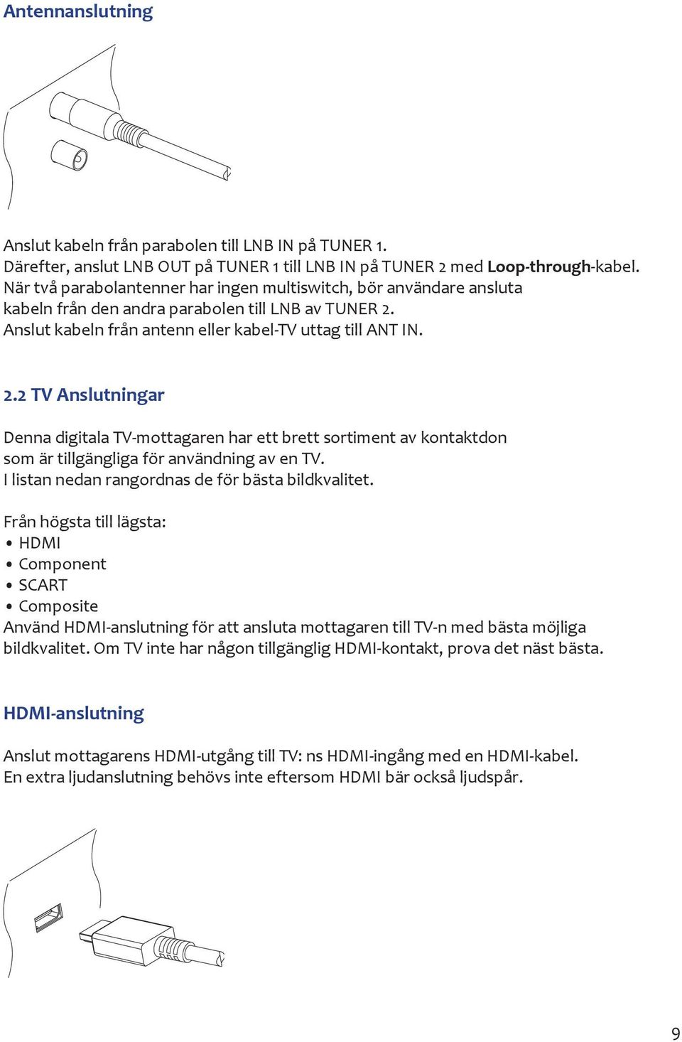 Anslut kabeln från antenn eller kabel-tv uttag till ANT IN. 2.2 TV Anslutningar Denna digitala TV-mottagaren har ett brett sortiment av kontaktdon som är tillgängliga för användning av en TV.