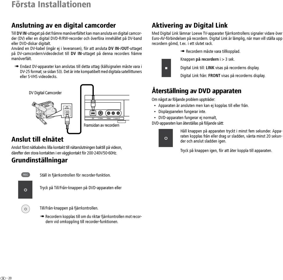 Använd en DV-kabel (ingår ej i leveransen), för att ansluta DV IN-/OUT-uttaget på DV-camcordern/videodecket till DV IN-uttaget på denna recorders främre manöverfält.