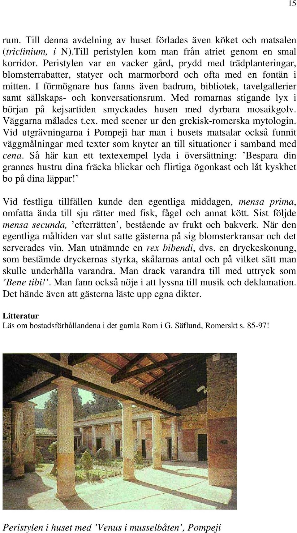 I förmögnare hus fanns även badrum, bibliotek, tavelgallerier samt sällskaps- och konversationsrum. Med romarnas stigande lyx i början på kejsartiden smyckades husen med dyrbara mosaikgolv.