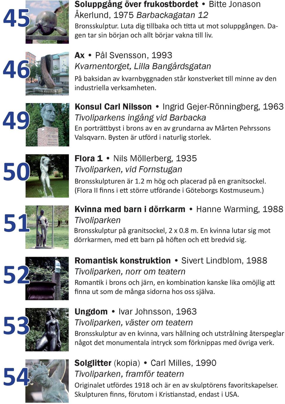 Konsul Carl Nilsson Ingrid Gejer-Rönningberg, 96 Tivoliparkens ingång vid Barbacka En porträttbyst i brons av en av grundarna av Mårten Pehrssons Valsqvarn. Bysten är utförd i naturlig storlek.