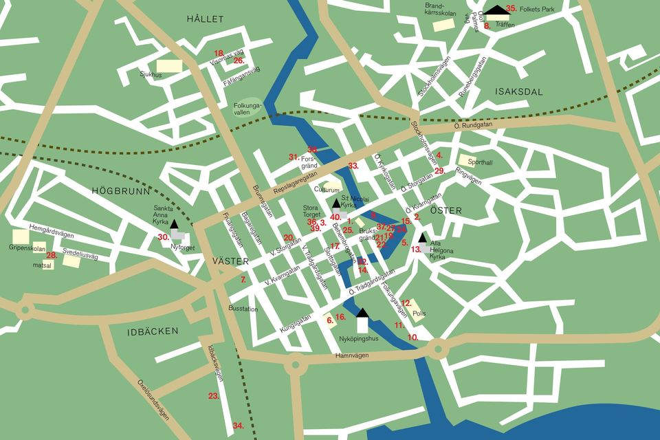 Repslagaregatan V. Storgatan V. Kvarngatan Forsgränd Stora Torget Kungsgatan 38. V. Trädgårdsgatan Culturum Slottsgatan S:t Nicolai Kyrka Behembrogatan Nyköpingshus Ö. Kyrkogatan 40. 9. 1. 2. 36. 3. 15.