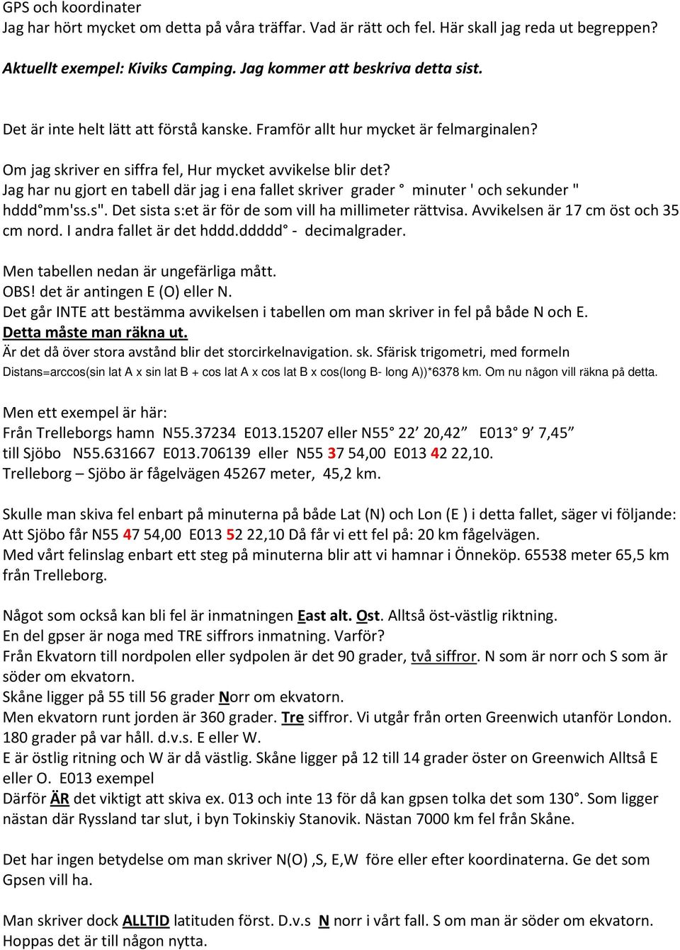 Jag har nu gjort en tabell där jag i ena fallet skriver grader minuter ' och sekunder " hddd mm'ss.s". Det sista s:et är för de som vill ha millimeter rättvisa. Avvikelsen är 17 cm öst och 35 cm nord.