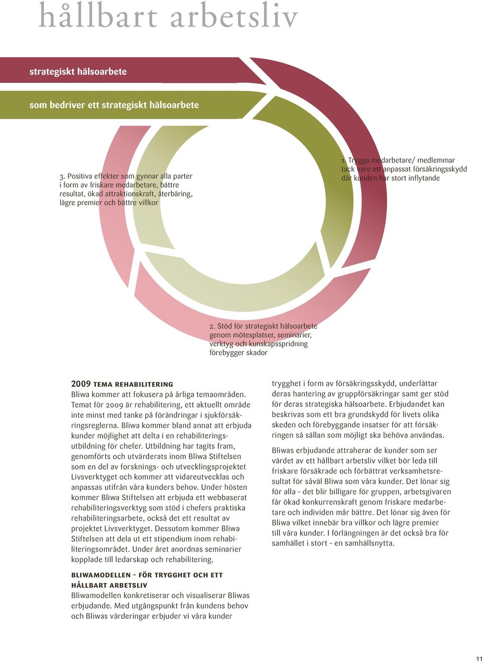 Stöd för strategiskt hälsoarbete genom mötesplatser, seminarier, verktyg och kunskapsspridning förebygger skador 2009 tema rehabilitering Bliwa kommer att fokusera på årliga temaområden.