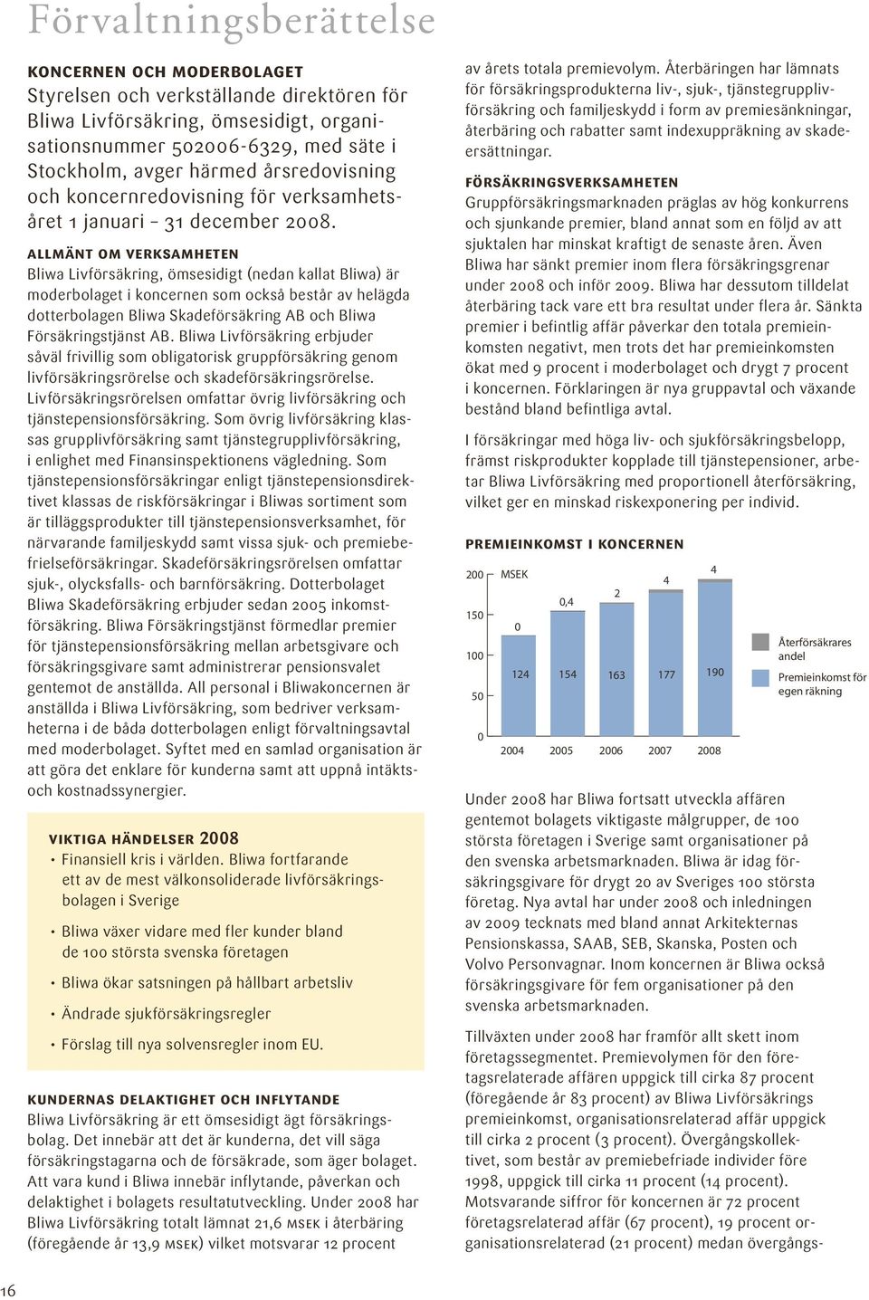 allmänt om verksamheten Bliwa Livförsäkring, ömsesidigt (nedan kallat Bliwa) är moderbolaget i koncernen som också består av helägda dotterbolagen Bliwa Skadeförsäkring AB och Bliwa Försäkringstjänst