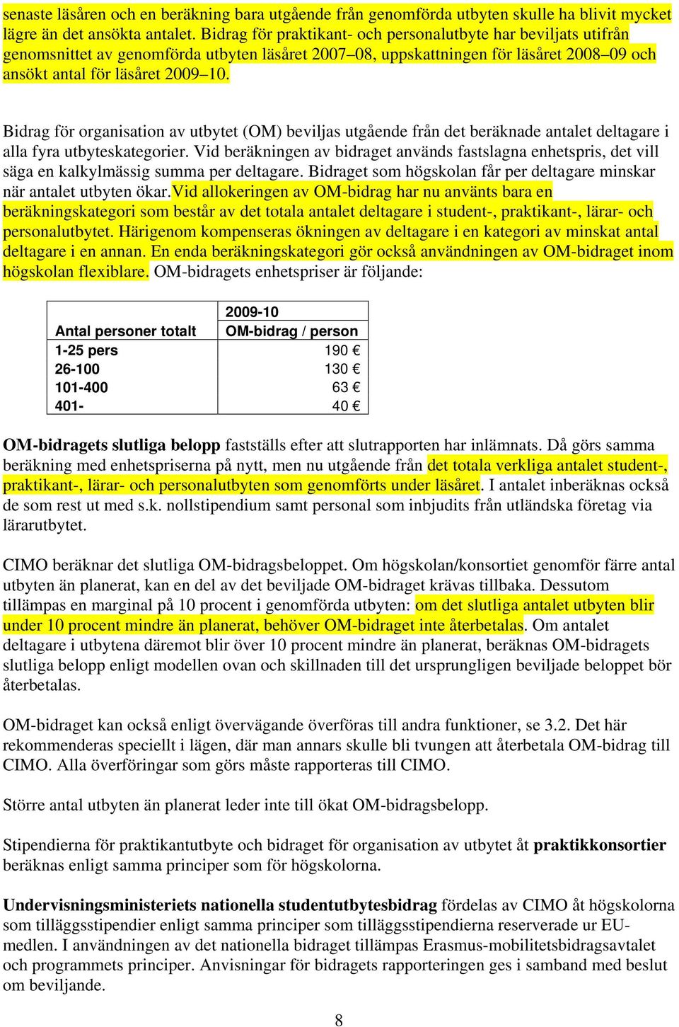 Bidrag för organisation av utbytet (OM) beviljas utgående från det beräknade antalet deltagare i alla fyra utbyteskategorier.