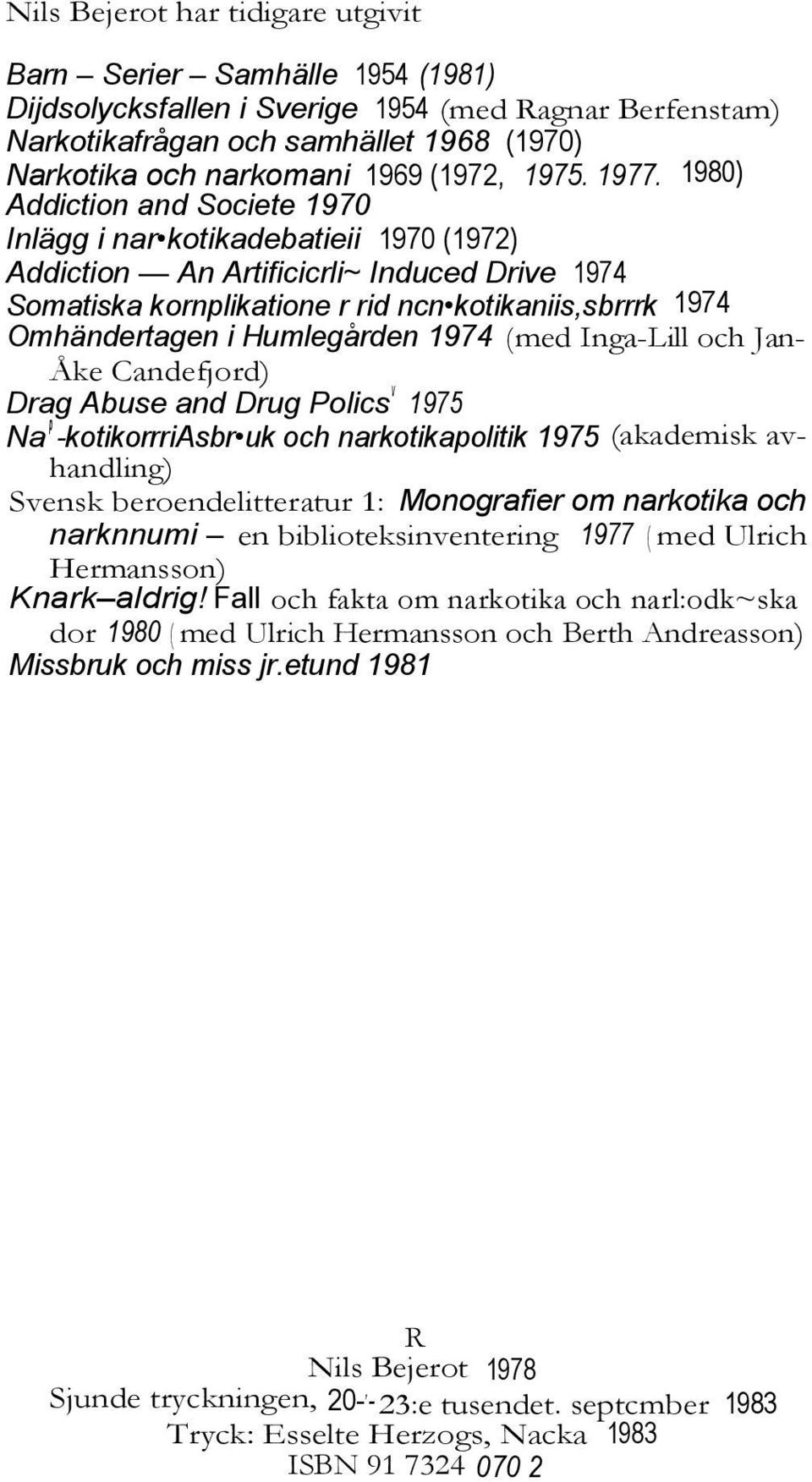 1980) Addiction and Societe 1970 Inlägg i nar kotikadebatieii 1970 (1972) Addiction An Artificicrli~ Induced Drive 1974 Somatiska kornplikatione r rid ncn kotikaniis,sbrrrk 1974 Omhändertagen i