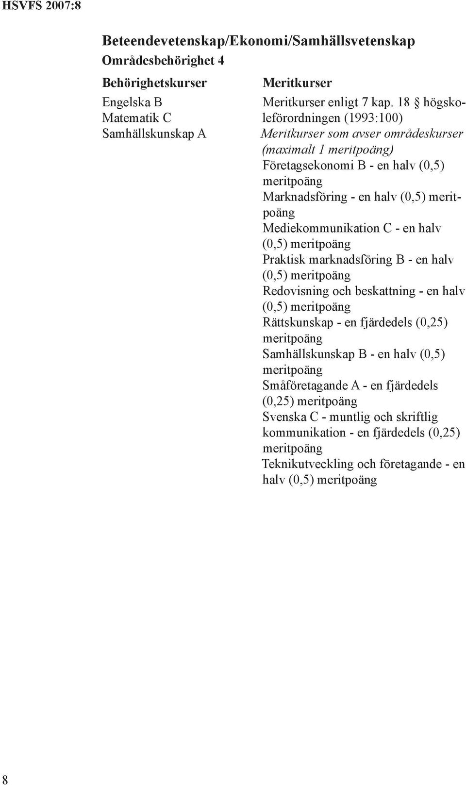 Mediekommunikation C - en halv (0,5) Praktisk marknadsföring B - en halv (0,5) Redovisning och beskattning - en halv (0,5) Rättskunskap - en fjärdedels (0,25)