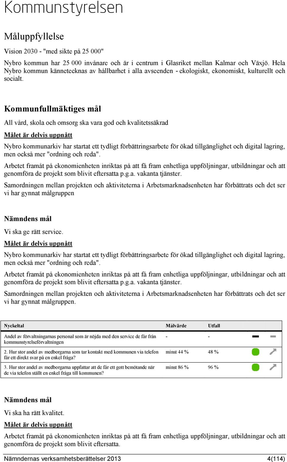 Kommunfullmäktiges mål All vård, skola och omsorg ska vara god och kvalitetssäkrad Målet är delvis uppnått Nybro kommunarkiv har startat ett tydligt förbättringsarbete för ökad tillgänglighet och