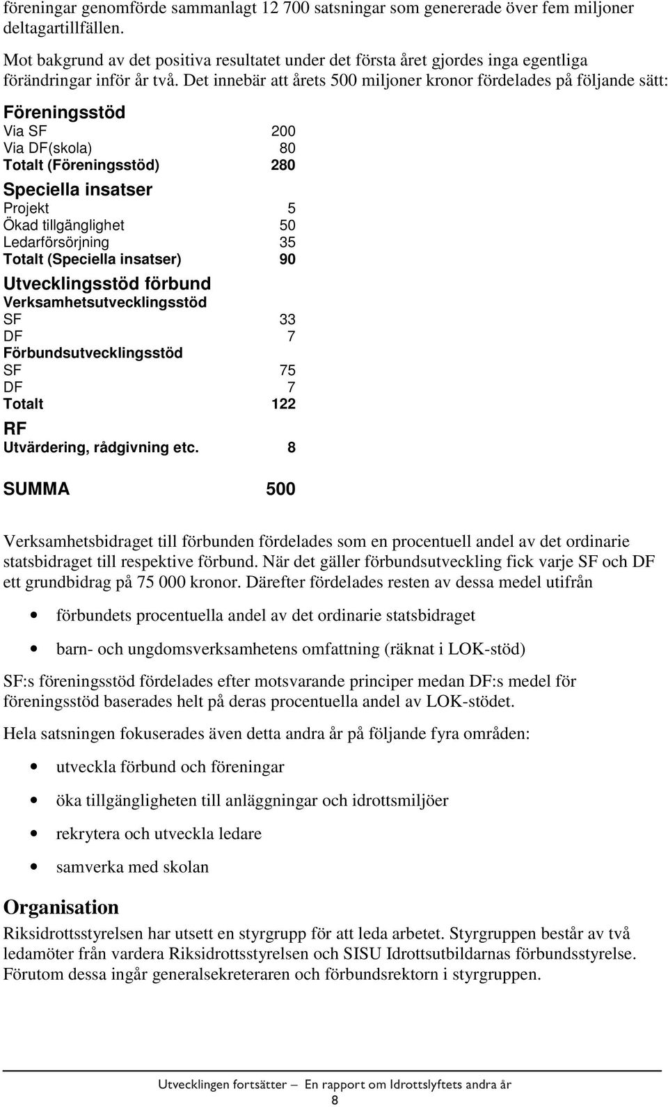 Det innebär att årets 500 miljoner kronor fördelades på följande sätt: Föreningsstöd Via SF 200 Via DF(skola) 80 Totalt (Föreningsstöd) 280 Speciella insatser Projekt 5 Ökad tillgänglighet 50