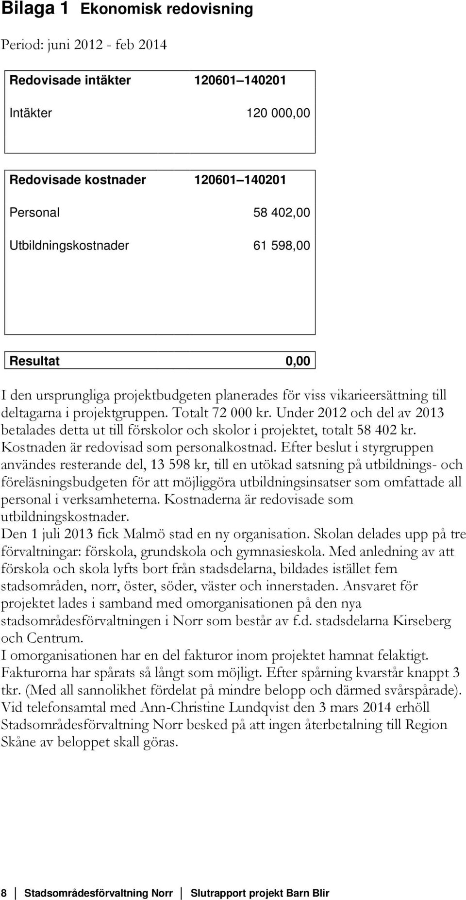 Under 2012 och del av 2013 betalades detta ut till förskolor och skolor i projektet, totalt 58 402 kr. Kostnaden är redovisad som personalkostnad.