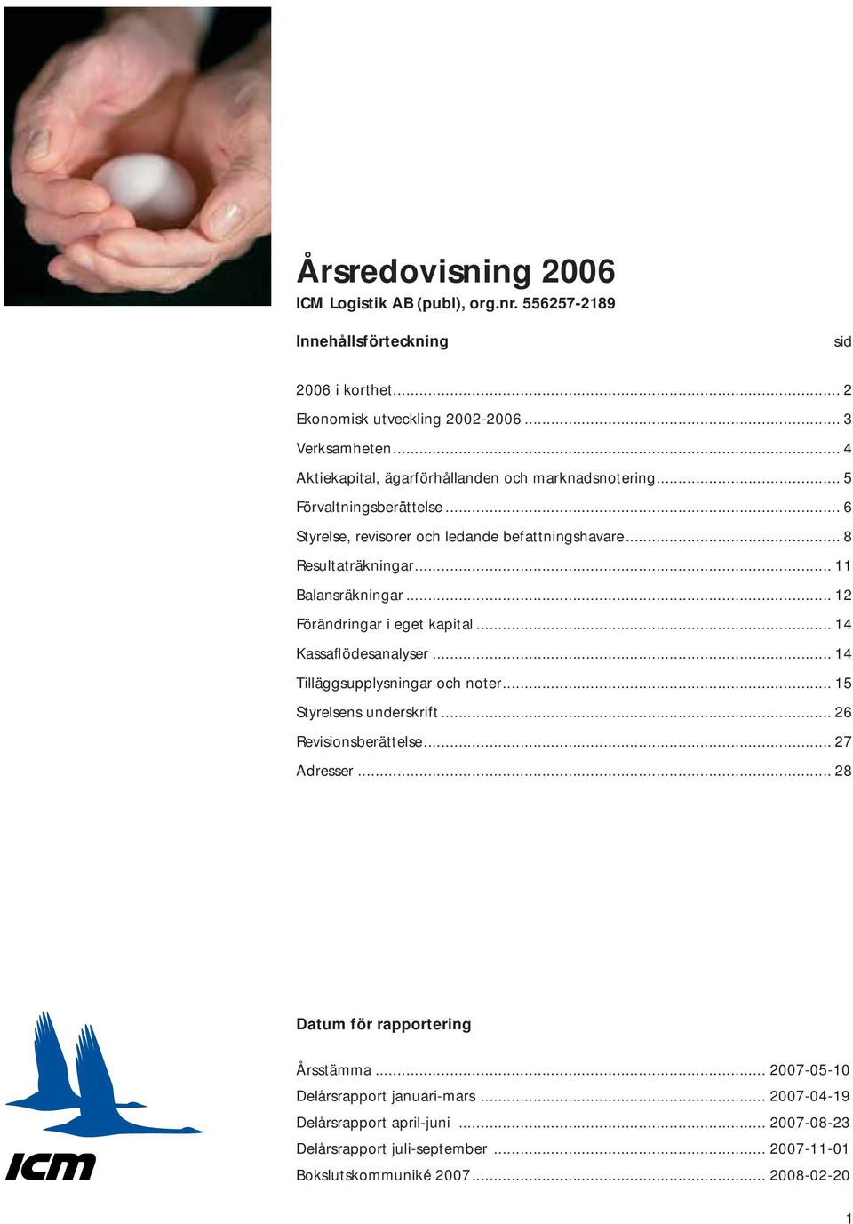 .. 11 Balansräkningar... 12 Förändringar i eget kapital... 14 Kassaflödesanalyser... 14 Tilläggsupplysningar och noter... 15 Styrelsens underskrift... 26 Revisionsberättelse.