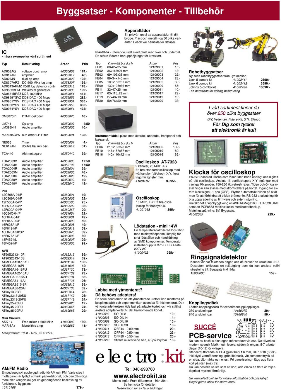 nr Pris AD603AQ voltage contr amp 40350603 174:- AD817AN amplifier 40350817 48:- AD827JN dual op-amp 40350827 198:- AD8307ARZ DC-500 MHz log amp 40358307 195:- AD8313ARMZ 70dB log detector contr