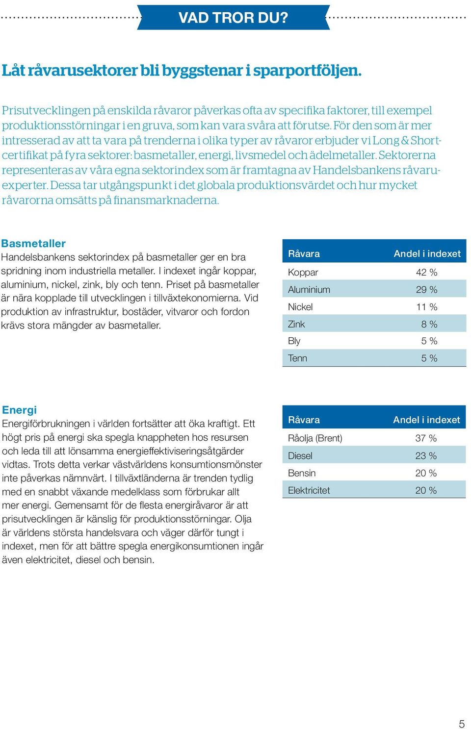 För den som är mer intresserad av att ta vara på trenderna i olika typer av råvaror erbjuder vi Long & Shortcertifikat på fyra sektorer: basmetaller, energi, livsmedel och ädelmetaller.