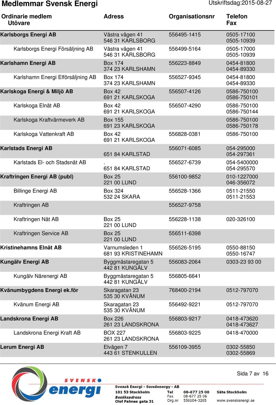 Box 42 691 21 KARLSKOGA Karlstads Energi AB 651 84 KARLSTAD Karlstads El- och Stadsnät AB.