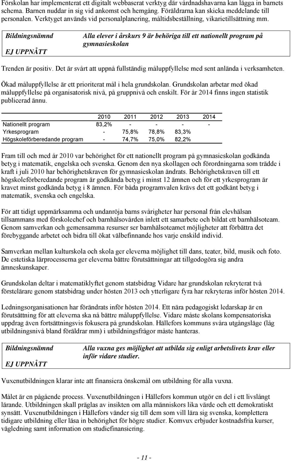 Bildningsnämnd EJ UPPNÅTT Alla elever i årskurs 9 är behöriga till ett nationellt program på gymnasieskolan Trenden är positiv.