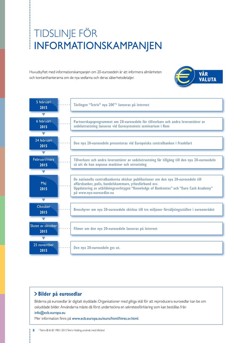 seminarium i Rom 24 februari 15 Den nya -eurosedeln presenteras vid Europeiska centralbanken i Frankfurt Februari/mars 15 Tillverkare och andra leverantörer av sedelutrustning får tillgång till den