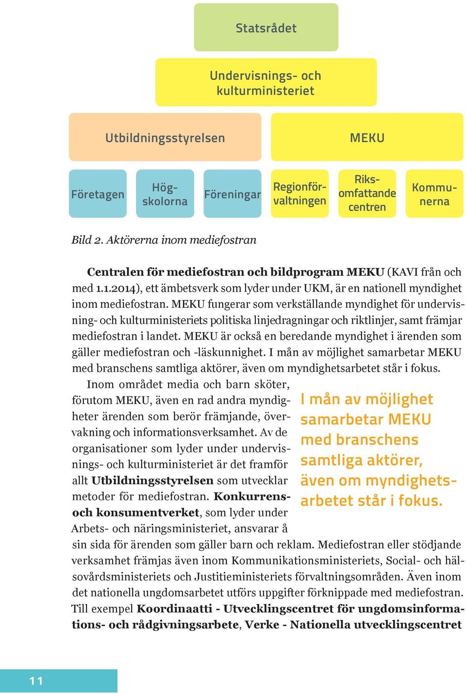 MEKU fungerar som verkställande myndighet för undervisning- och kulturministeriets politiska linjedragningar och riktlinjer, samt främjar mediefostran i landet.