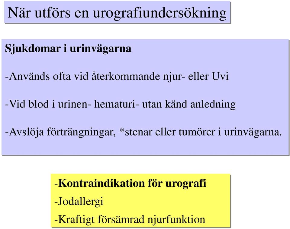 anledning -Avslöja förträngningar, *stenar eller tumörer i urinvägarna.