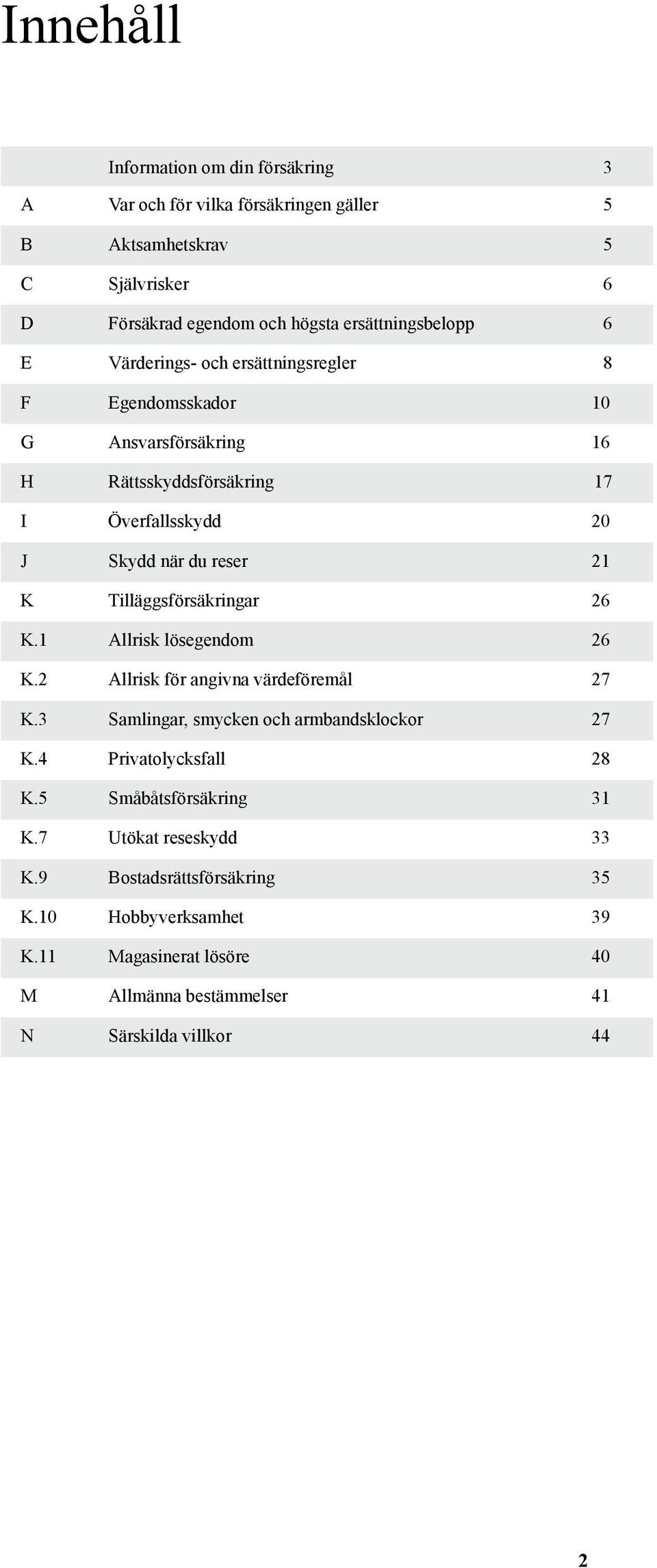 Tilläggsförsäkringar 26 K.1 Allrisk lösegendom 26 K.2 Allrisk för angivna värdeföremål 27 K.3 Samlingar, smycken och armbandsklockor 27 K.4 Privatolycksfall 28 K.