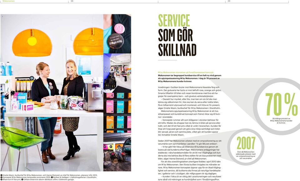 1 Emelie Waxin, butikschef för M by Mekonomen, och Hanna Ekstrand, pr-chef för Mekonomen, planerar inför 2013. 2 Konceptet M by Mekonomen lanserades sommaren 2010.