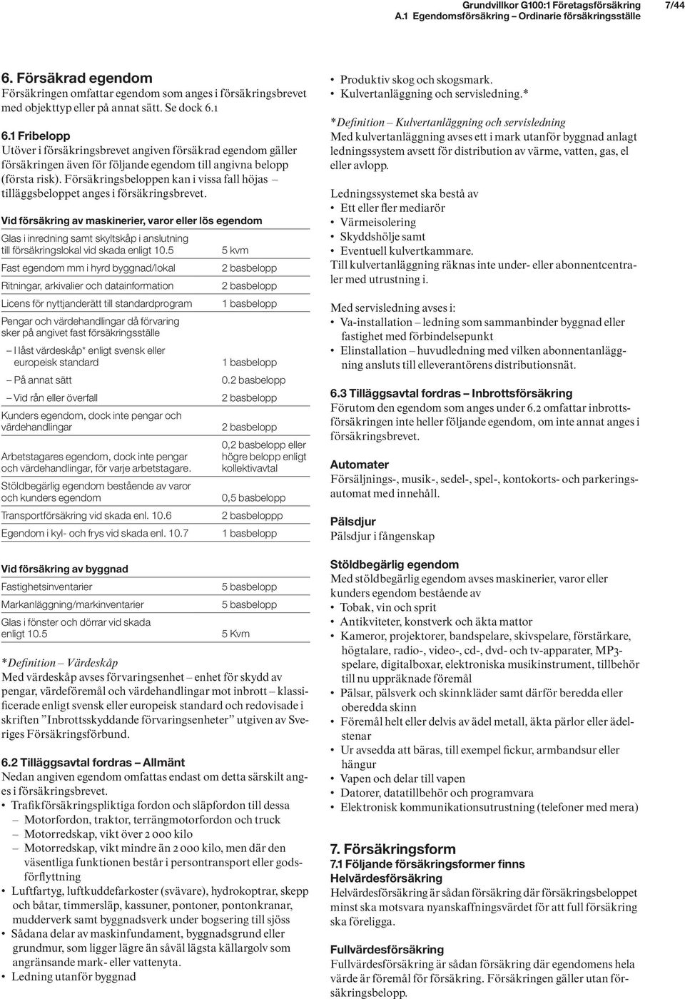 1 Fribelopp Utöver i försäkringsbrevet angiven försäkrad egendom gäller försäkringen även för följande egendom till angivna belopp (första risk).