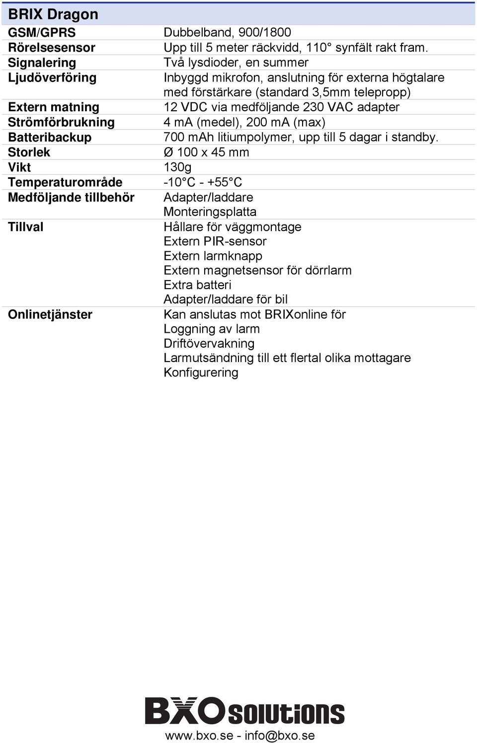 Strömförbrukning 4 ma (medel), 200 ma (max) Batteribackup 700 mah litiumpolymer, upp till 5 dagar i standby.